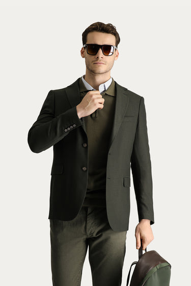 Koyu Haki Slim Fit Dar Kesim Yünlü Klasik Desenli Ceket