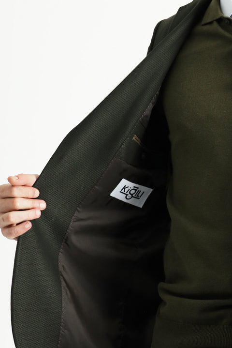 Koyu Haki 6 Drop Regular Fit Standart Kesim Yünlü Klasik Desenli Ceket