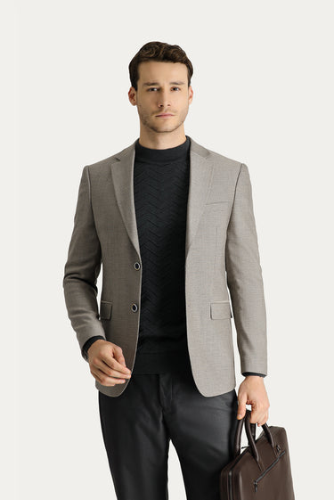 Açık Vizon Relaxed Fit Rahat Kesim Yünlü Klasik Desenli Ceket