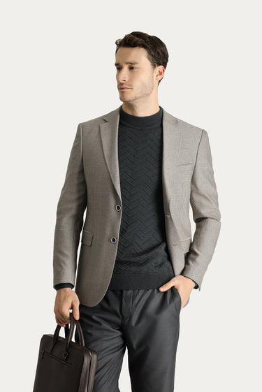 Açık Vizon Slim Fit Dar Kesim Yünlü Klasik Desenli Ceket