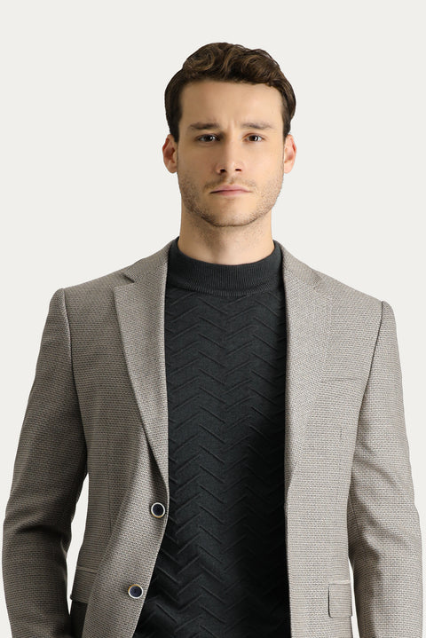 Açık Vizon 7 Drop Slim Fit Dar Kesim Yünlü Klasik Desenli Ceket