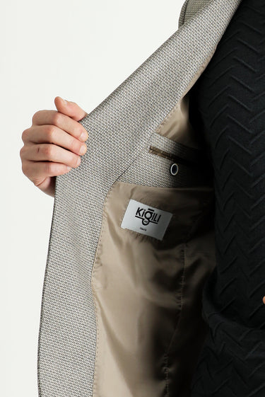 Açık Vizon Slim Fit Dar Kesim Yünlü Klasik Desenli Ceket