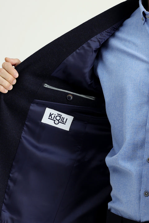 Koyu Lacivert 7 Drop Slim Fit Dar Kesim Yünlü Spor Örme Ceket