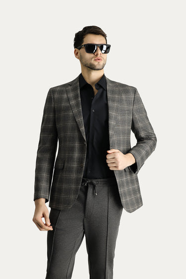 Orta Antrasit Slim Fit Dar Kesim Yünlü Klasik Ekose Ceket
