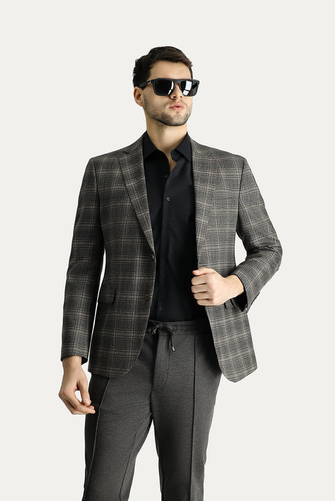 Orta Antrasit 7 Drop Slim Fit Dar Kesim Yünlü Klasik Ekose Ceket