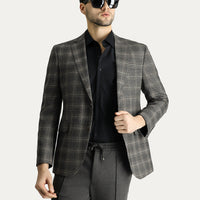 Orta Antrasit Slim Fit Dar Kesim Yünlü Klasik Ekose Ceket