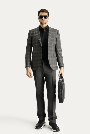 Orta Antrasit Slim Fit Dar Kesim Yünlü Klasik Ekose Ceket