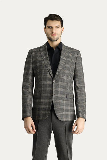 Orta Antrasit Slim Fit Dar Kesim Yünlü Klasik Ekose Ceket