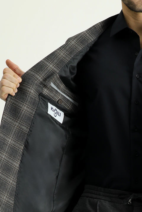 Orta Antrasit 7 Drop Slim Fit Dar Kesim Yünlü Klasik Ekose Ceket