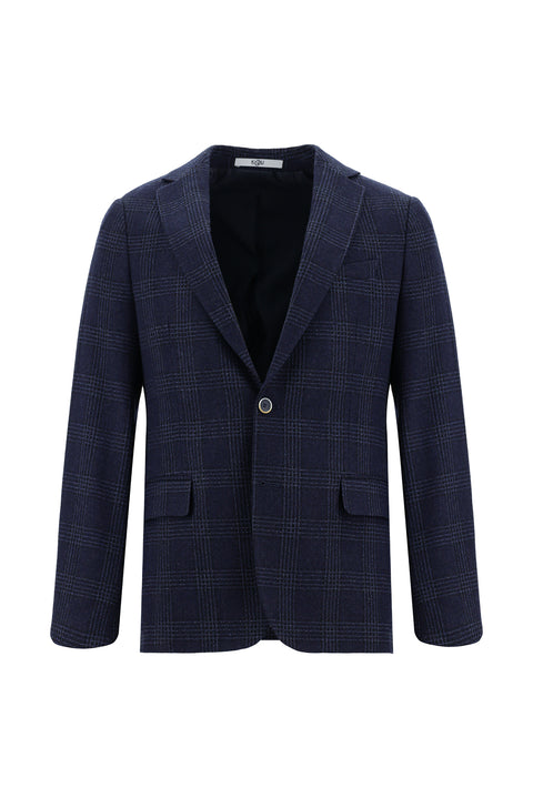 Koyu Lacivert 6 Drop Regular Fit Standart Kesim Yünlü Ekose Ceket