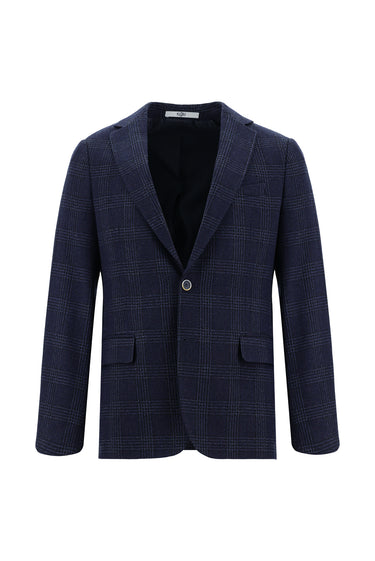 Koyu Lacivert Muscle Fit Yünlü Ekose Ceket