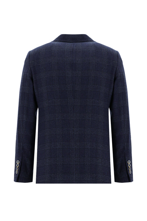 Koyu Lacivert 8 Drop Muscle Fit Uzun Atletik Kesim Yünlü Ekose Ceket