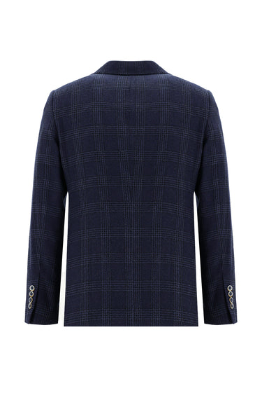 Koyu Lacivert Regular Fit Yünlü Ekose Ceket