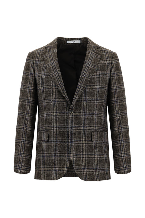 Koyu Kahve 6 Drop Regular Fit Standart Kesim Yünlü Ekose Ceket