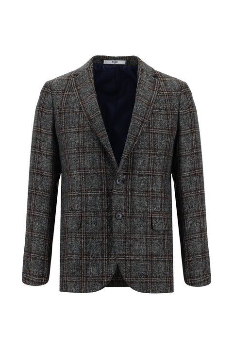 Koyu Antrasit 6 Drop Regular Fit Standart Kesim Yünlü Ekose Ceket