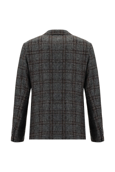 Koyu Antrasit 6 Drop Regular Fit Standart Kesim Yünlü Ekose Ceket