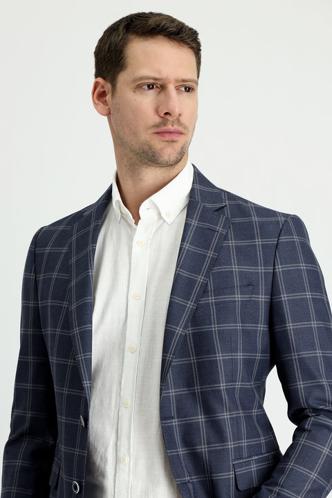 Orta Lacivert 7 Drop Slim Fit Dar Kesim Ekose Ceket