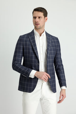  Orta Lacivert Slim Fit Dar Kesim Ekose Ceket