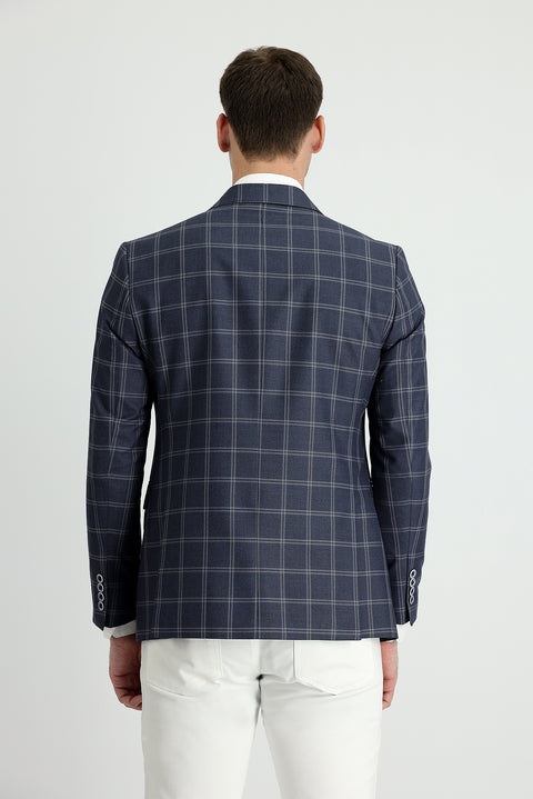 Orta Lacivert 7 Drop Slim Fit Dar Kesim Ekose Ceket