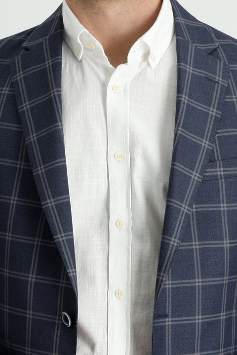 Orta Lacivert 7 Drop Slim Fit Dar Kesim Ekose Ceket