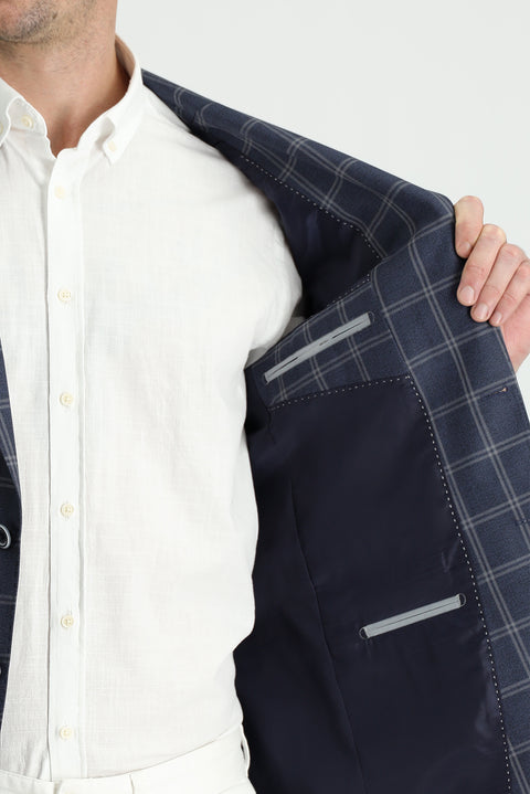 Orta Lacivert 7 Drop Slim Fit Dar Kesim Ekose Ceket