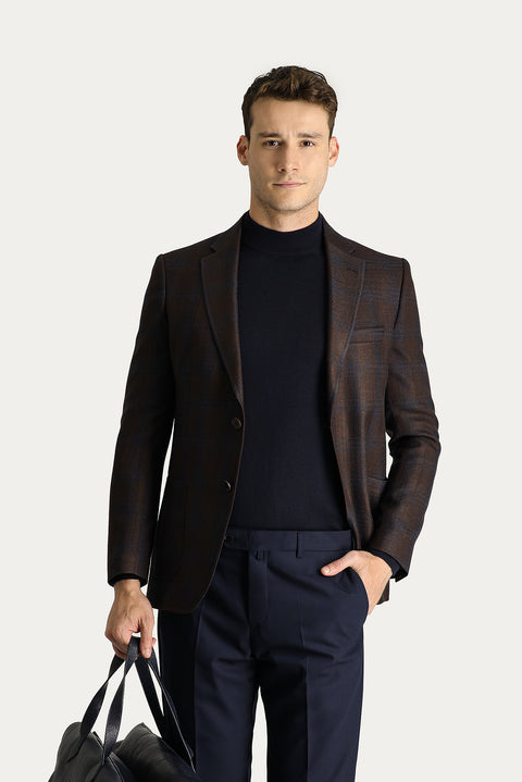 Koyu Kahve 7 Drop Slim Fit Dar Kesim Ekose Spor Ceket