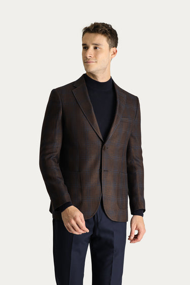 Koyu Kahve Slim Fit Dar Kesim Ekose Spor Ceket