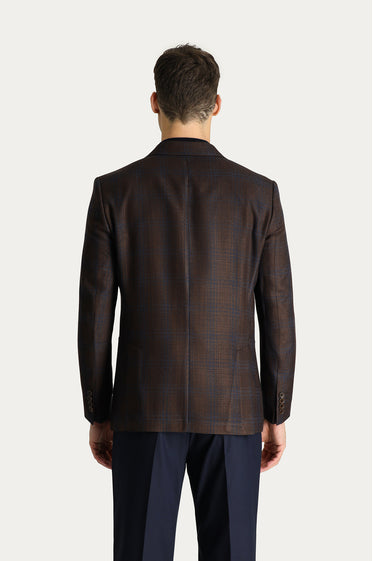 Koyu Kahve Slim Fit Dar Kesim Ekose Spor Ceket