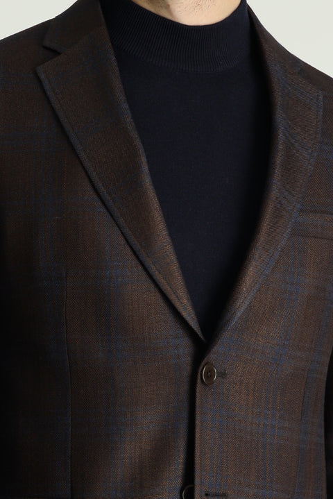 Koyu Kahve 7 Drop Slim Fit Dar Kesim Ekose Spor Ceket