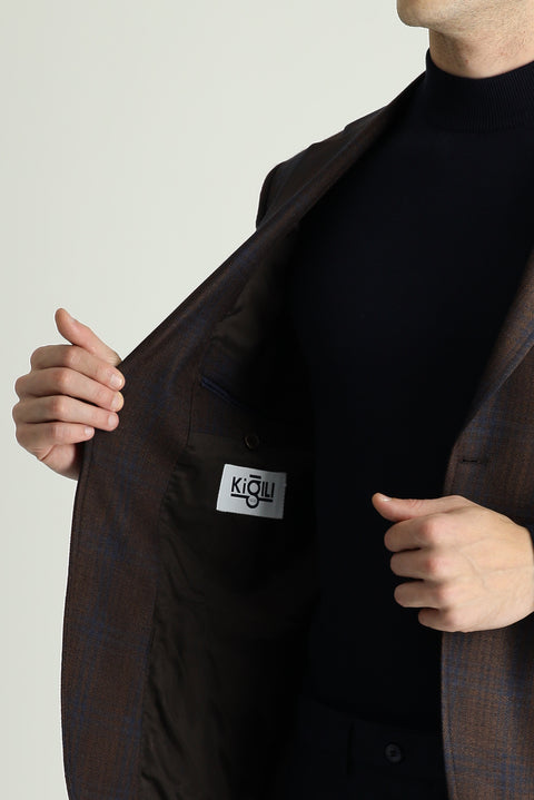 Koyu Kahve 7 Drop Slim Fit Dar Kesim Ekose Spor Ceket