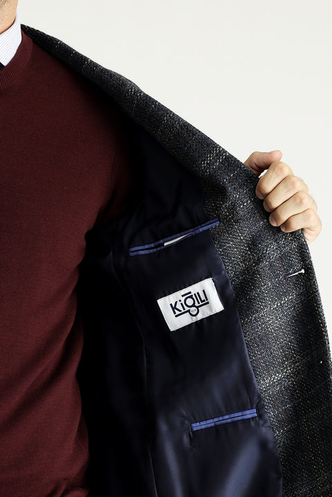 Koyu Lacivert 6 Drop Regular Fit Standart Kesim Ekose Ceket