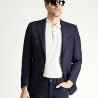 Koyu Lacivert Slim Fit Dar Kesim Yünlü Klasik Kareli Ceket
