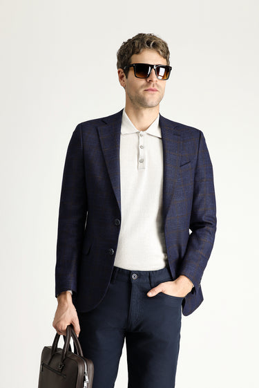 Koyu Lacivert Slim Fit Dar Kesim Yünlü Klasik Kareli Ceket