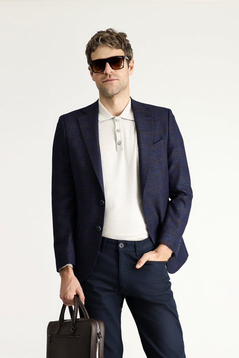 Koyu Lacivert 7 Drop Slim Fit Dar Kesim Yünlü Klasik Kareli Ceket