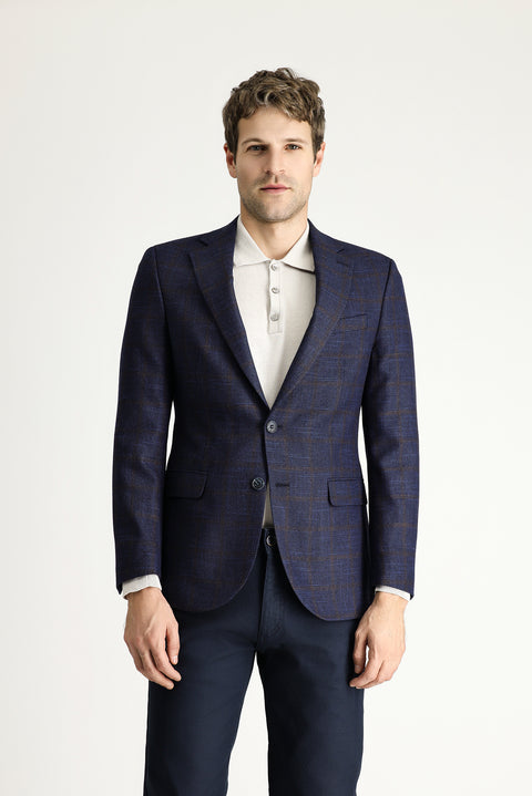Koyu Lacivert 7 Drop Slim Fit Dar Kesim Yünlü Klasik Kareli Ceket