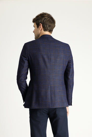 Koyu Lacivert Slim Fit Dar Kesim Yünlü Klasik Kareli Ceket