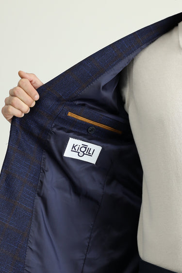 Koyu Lacivert Slim Fit Dar Kesim Yünlü Klasik Kareli Ceket