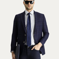 Orta Lacivert Regular Fit Yünlü Kareli Ceket
