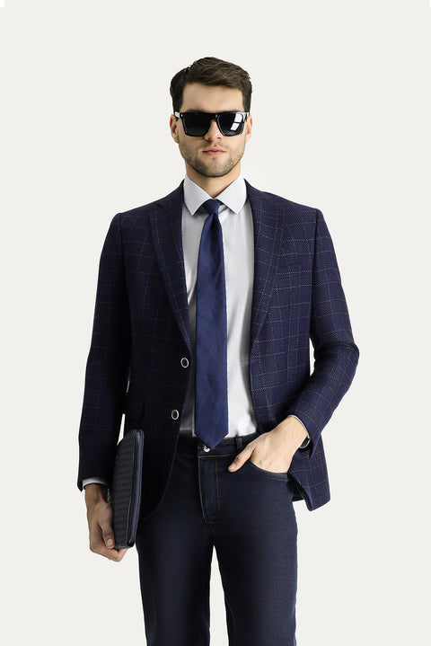 Orta Lacivert 6 Drop Regular Fit Standart Kesim Yünlü Kareli Ceket