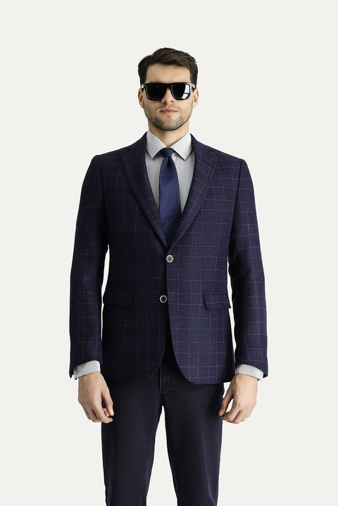 Orta Lacivert 6 Drop Regular Fit Standart Kesim Yünlü Kareli Ceket