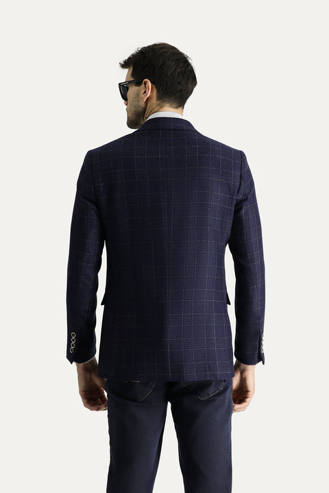 Orta Lacivert 6 Drop Regular Fit Standart Kesim Yünlü Kareli Ceket