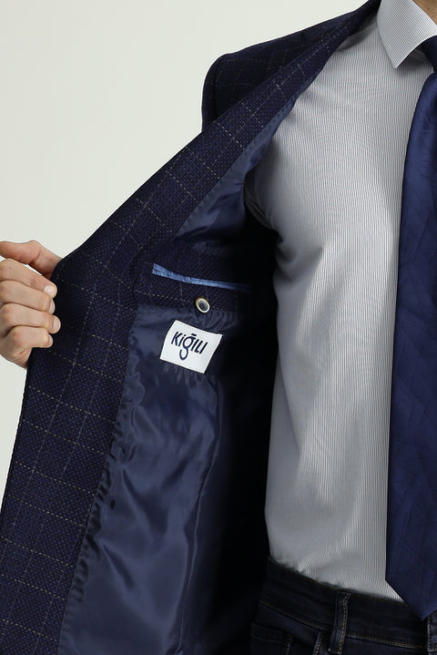 Orta Lacivert 6 Drop Regular Fit Standart Kesim Yünlü Kareli Ceket