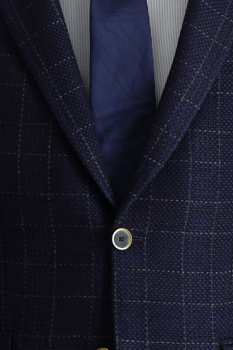 Orta Lacivert 6 Drop Regular Fit Standart Kesim Yünlü Kareli Ceket