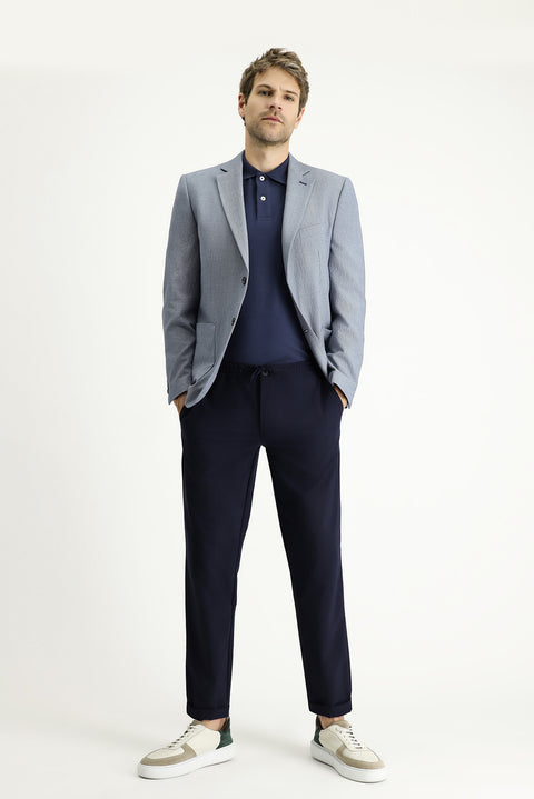 Orta Lacivert 7 Drop Slim Fit Dar Kesim Desenli Gofre Ceket