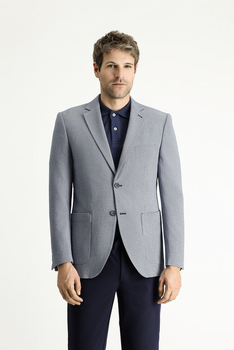 Orta Lacivert 7 Drop Slim Fit Dar Kesim Desenli Gofre Ceket