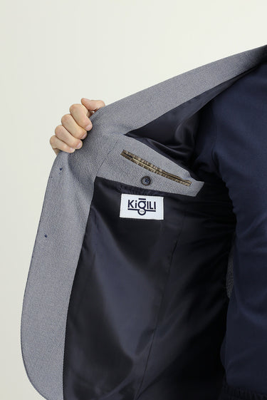 Orta Lacivert Slim Fit Dar Kesim Desenli Gofre Ceket