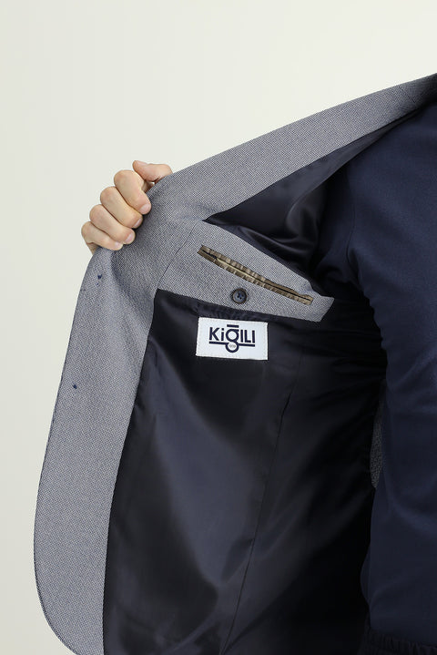 Orta Lacivert 7 Drop Slim Fit Dar Kesim Desenli Gofre Ceket