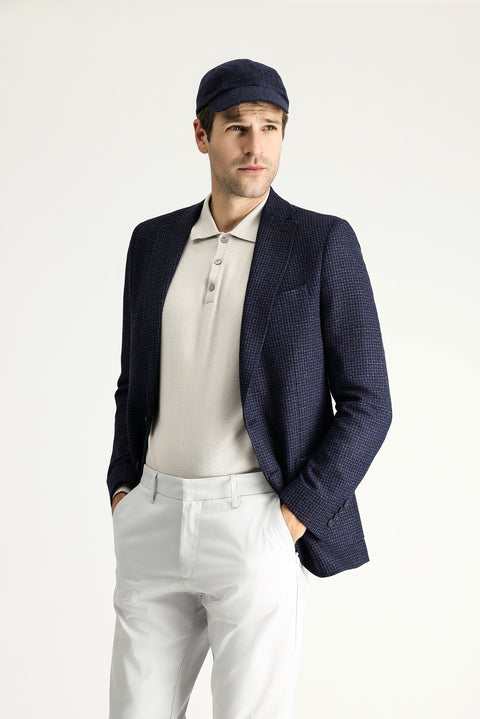 Koyu Lacivert 6 Drop Regular Fit Standart Kesim Yünlü Kareli Ceket