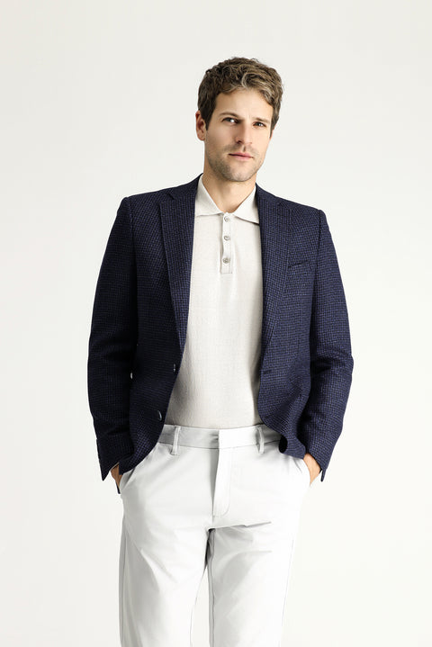 Koyu Lacivert 6 Drop Regular Fit Standart Kesim Yünlü Kareli Ceket