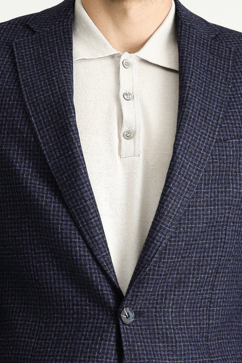 Koyu Lacivert 6 Drop Regular Fit Standart Kesim Yünlü Kareli Ceket